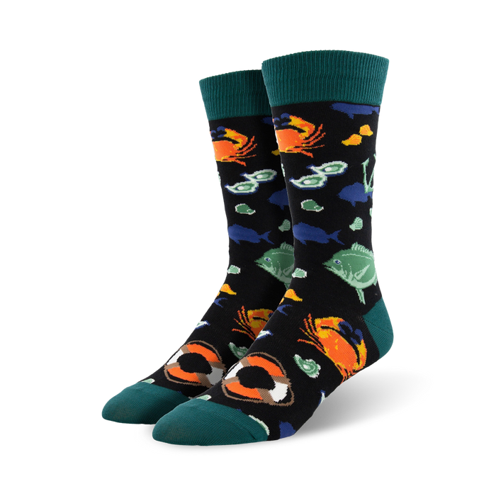 black crew socks with a pattern of sea creatures, buoys, and a life preserver.  