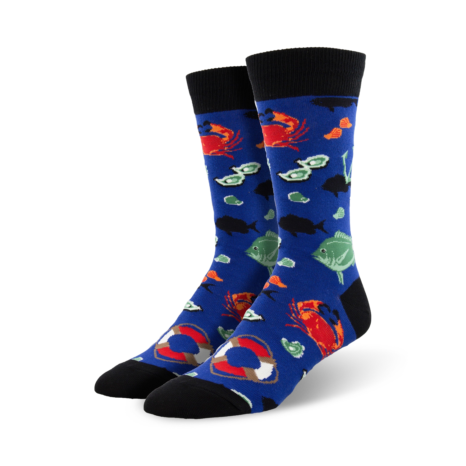 Lifestyle shot of a person's feet wearing the blue 'Fresh Catch' socks with a nautical theme