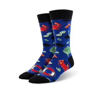 men's crew socks with vibrant sea creatures and fishing-related elements on a blue background.   