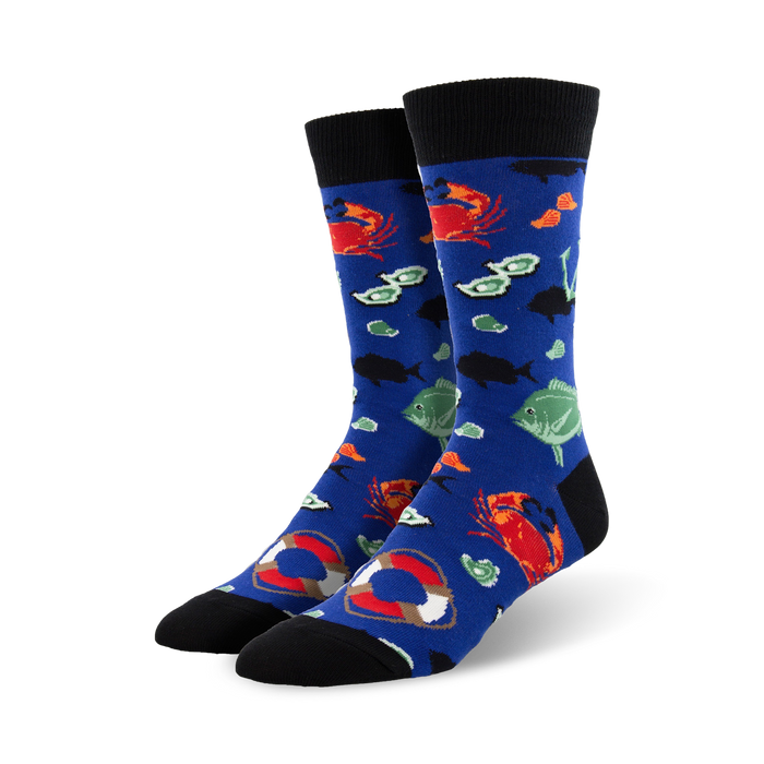 men's crew socks with vibrant sea creatures and fishing-related elements on a blue background.   