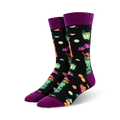 Pair of crew socks, black background, purple cuff, featuring tiki drinks, tropical flowers, and lime slices.