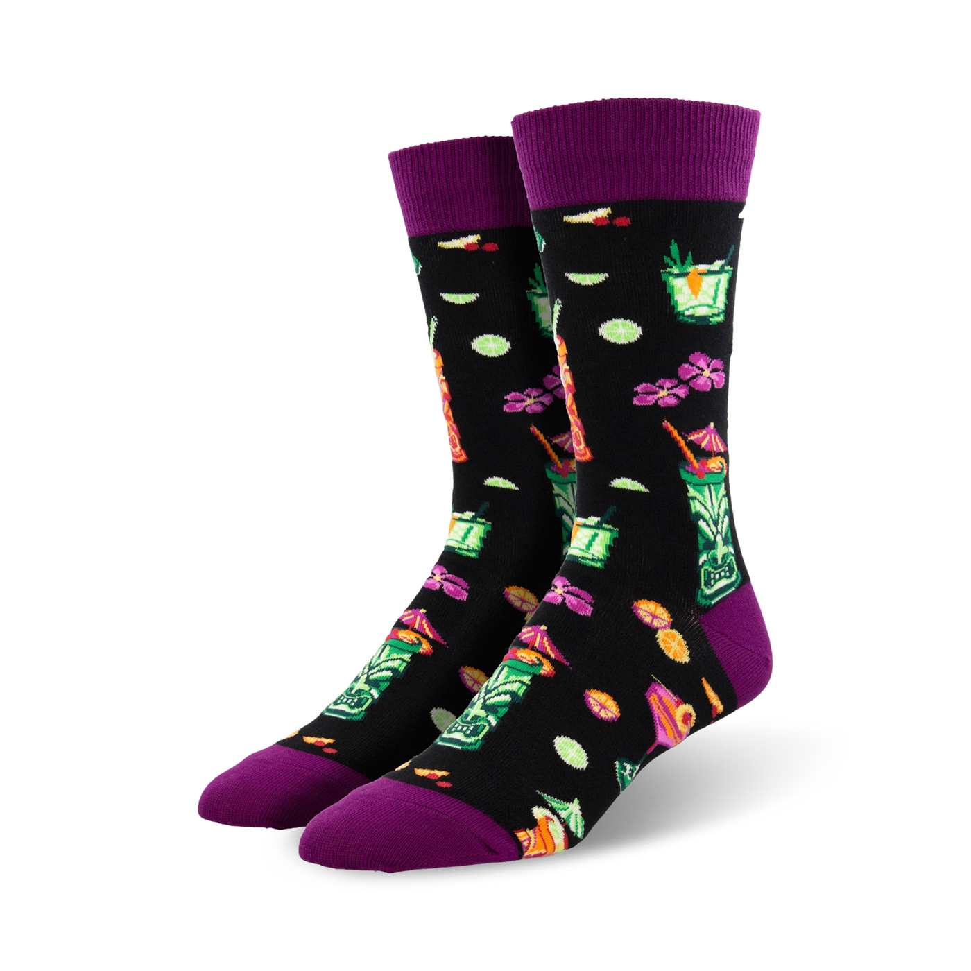 Pair of crew socks, black background, purple cuff, featuring tiki drinks, tropical flowers, and lime slices.