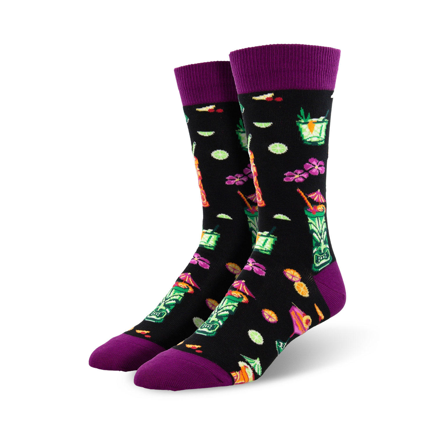 Pair of crew socks, black background, purple cuff, featuring tiki drinks, tropical flowers, and lime slices.