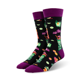 black crew socks with tropical drinks, flowers, and tiki mask pattern. purple toes. mens.  