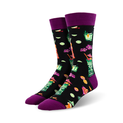 black crew socks with tropical drinks, flowers, and tiki mask pattern. purple toes. mens.  