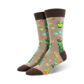 Lifestyle shot of a model wearing tan Tiki Drink socks. The socks are shown from the ankle up and showcase the design.