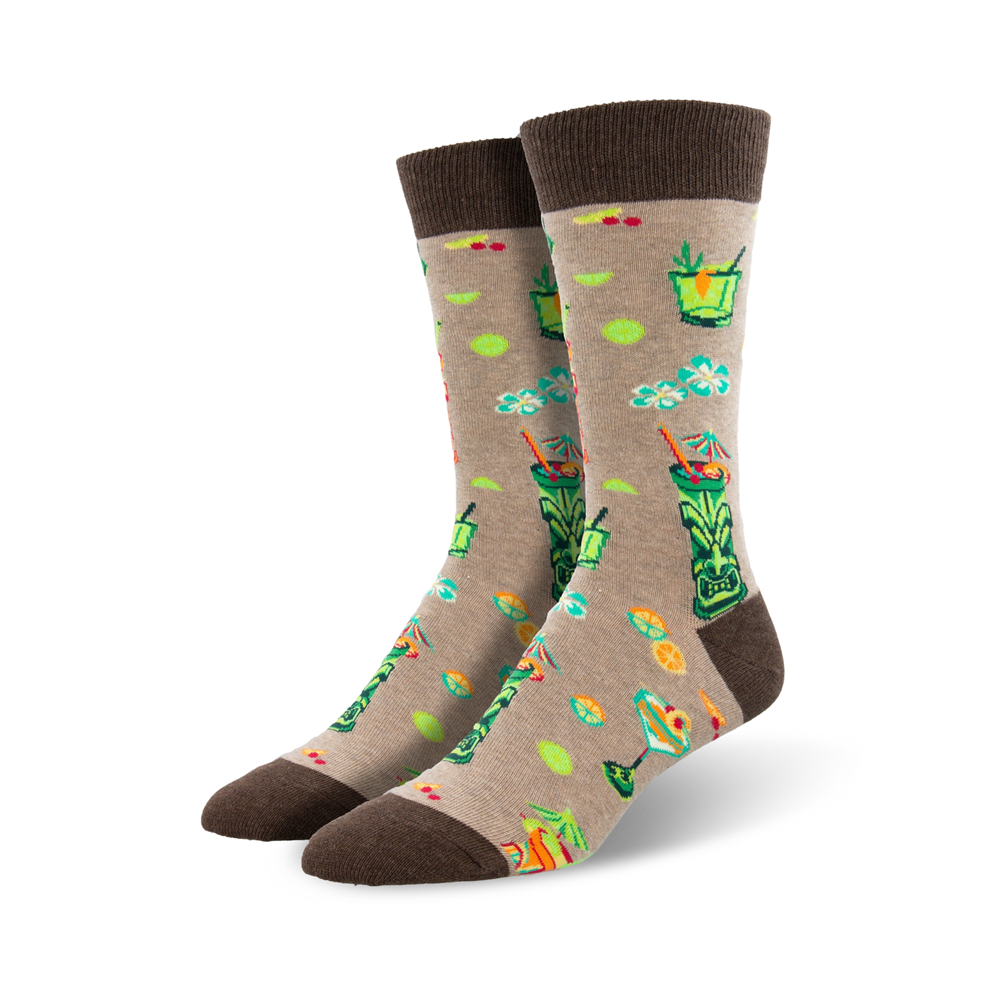 Lifestyle shot of a model wearing tan Tiki Drink socks. The socks are shown from the ankle up and showcase the design.