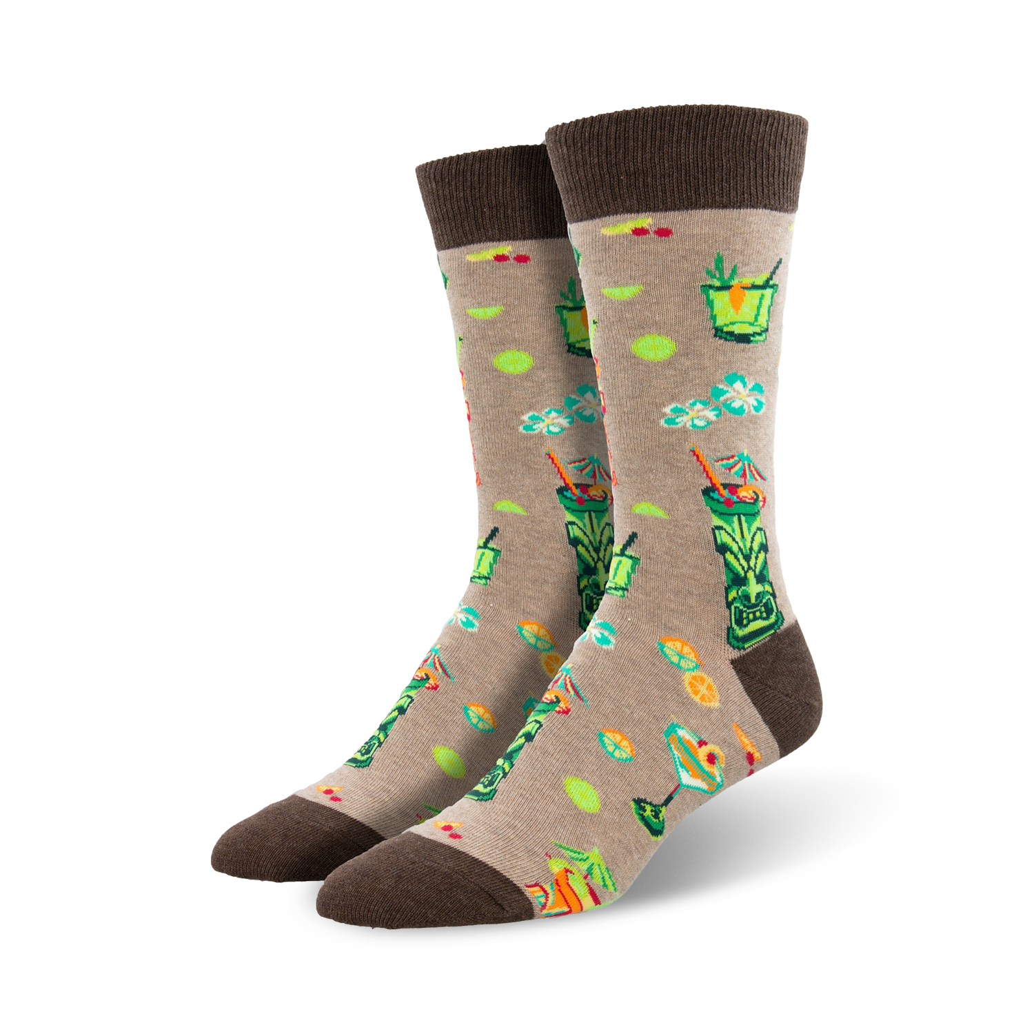 Lifestyle shot of a model wearing tan Tiki Drink socks. The socks are shown from the ankle up and showcase the design.