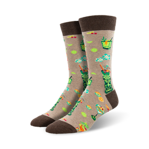 brown crew socks with tropical drink pattern of zombie, hawaiian, mai tai and planter's punch with flowers and fruit  