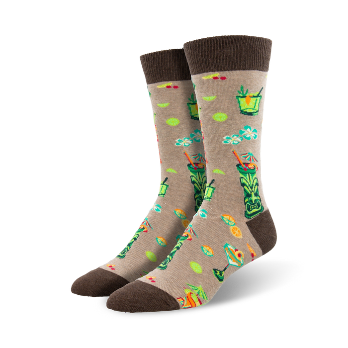 brown crew socks with tropical drink pattern of zombie, hawaiian, mai tai and planter's punch with flowers and fruit  