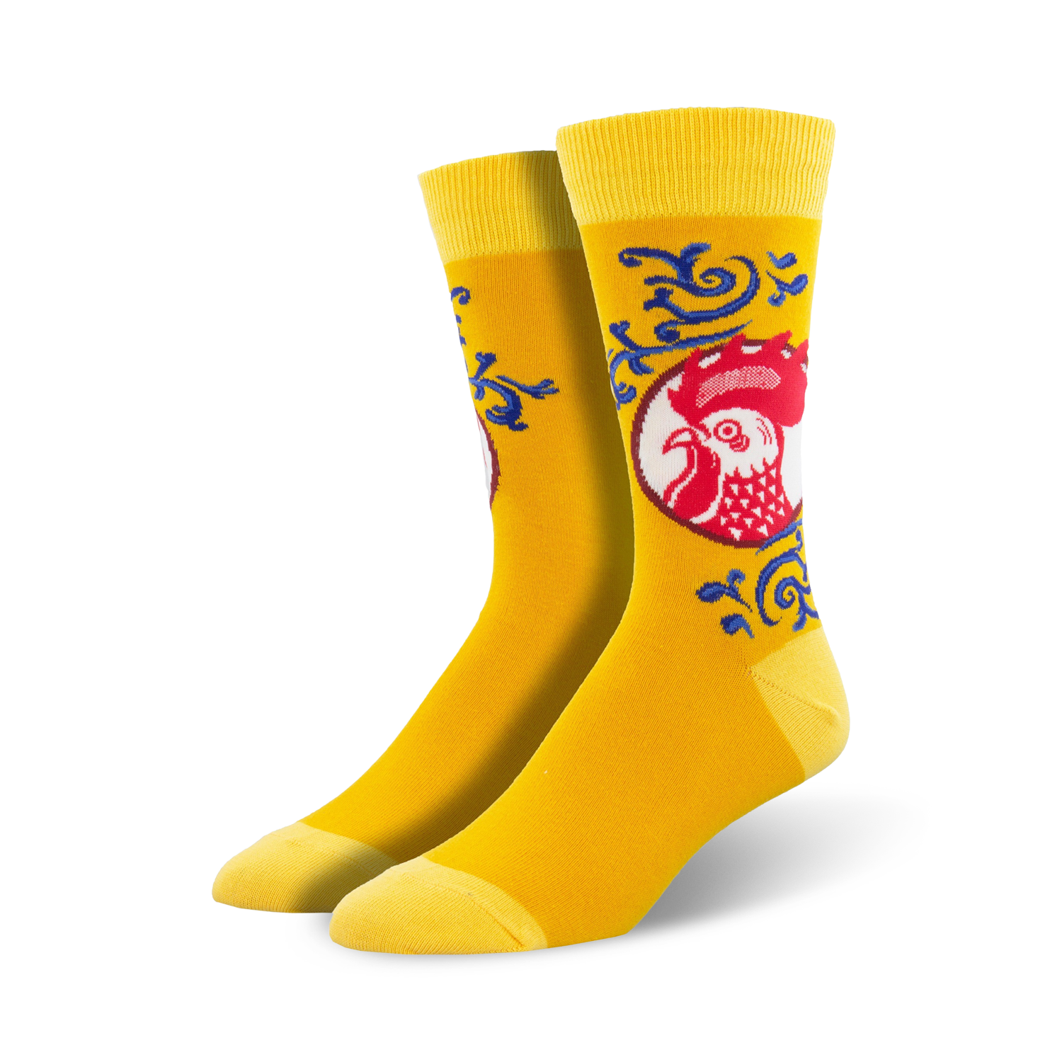 Pair of crew socks; yellow, red, and blue; featuring a rooster design within a circular emblem.