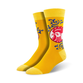 yellow socks with red circle and blue, white accents featuring cartoon rooster. crew length for men.  