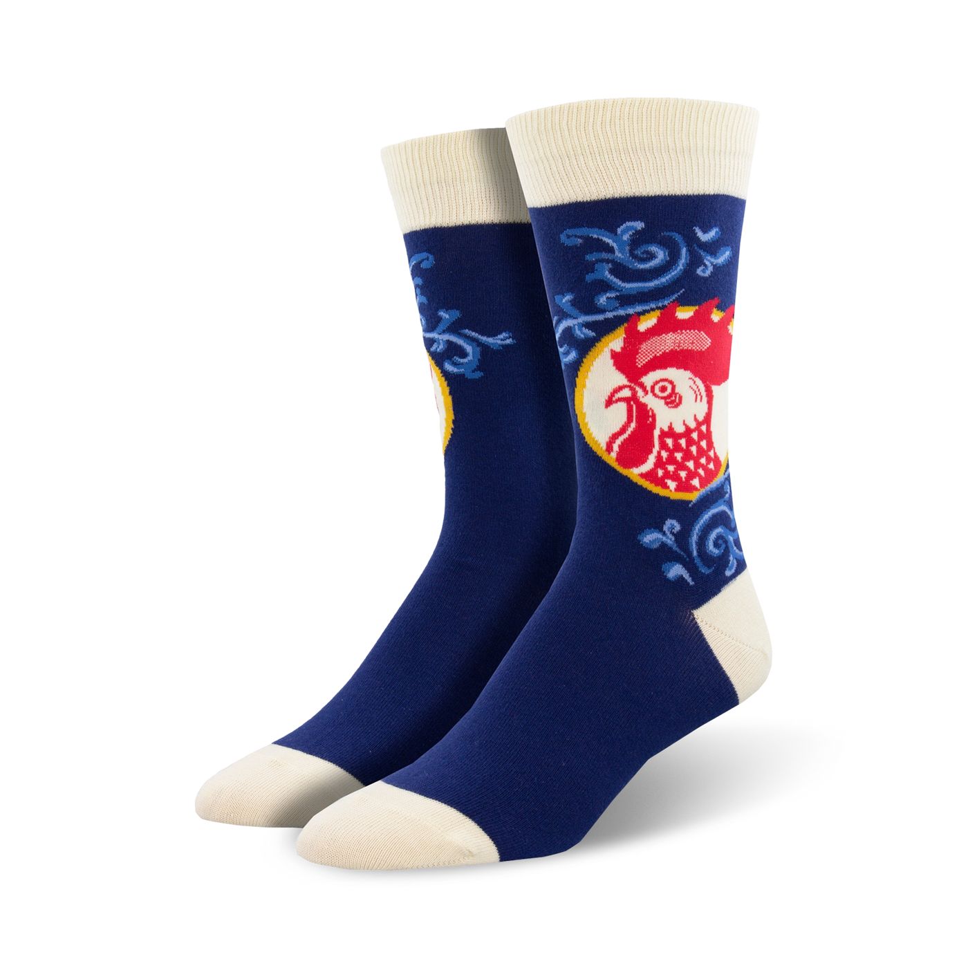 Lifestyle photo showing the Red Rooster socks on a person's feet.  The socks are the focal point.
