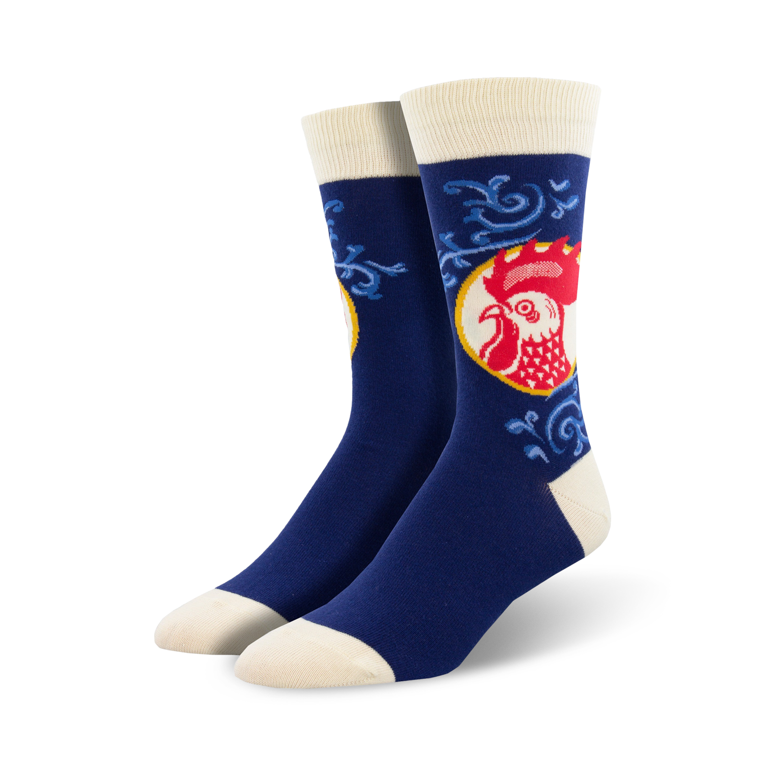 Lifestyle photo showing the Red Rooster socks on a person's feet.  The socks are the focal point.