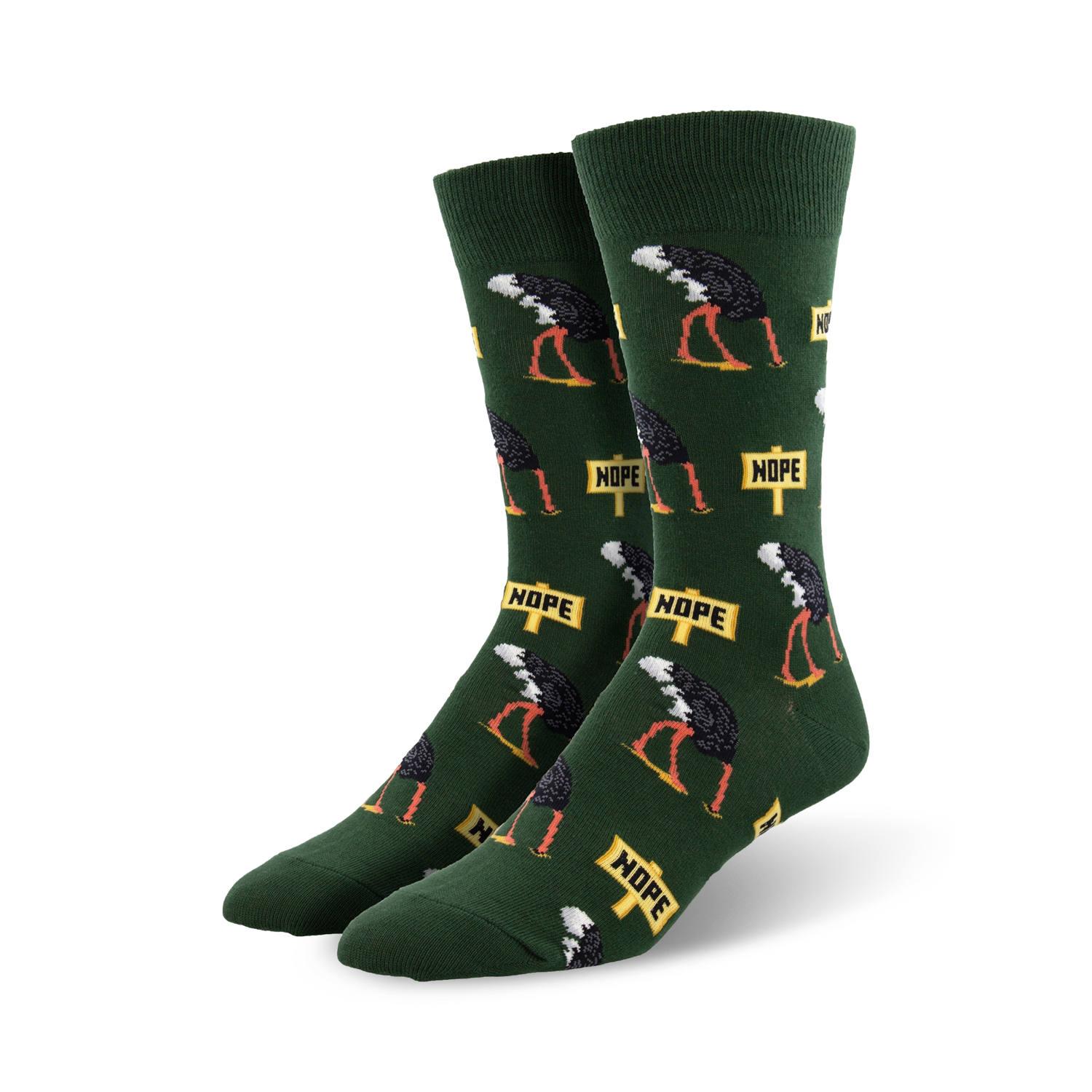Pair of crew socks in green and gray featuring a repeating pattern of ostriches with 'Nope' signs. Fun, quirky design.