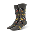Close-up of a pair of gray 'Nope' socks showcasing the ostrich and 'Nope' sign design.