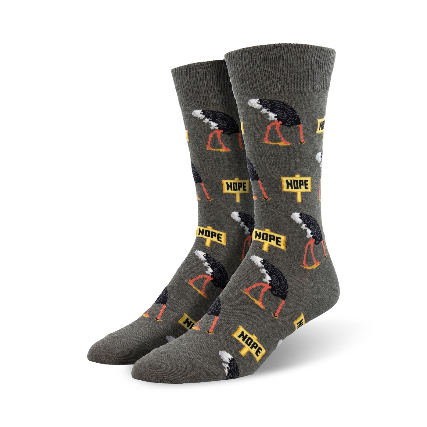 Close-up of a pair of gray 'Nope' socks showcasing the ostrich and 'Nope' sign design.
