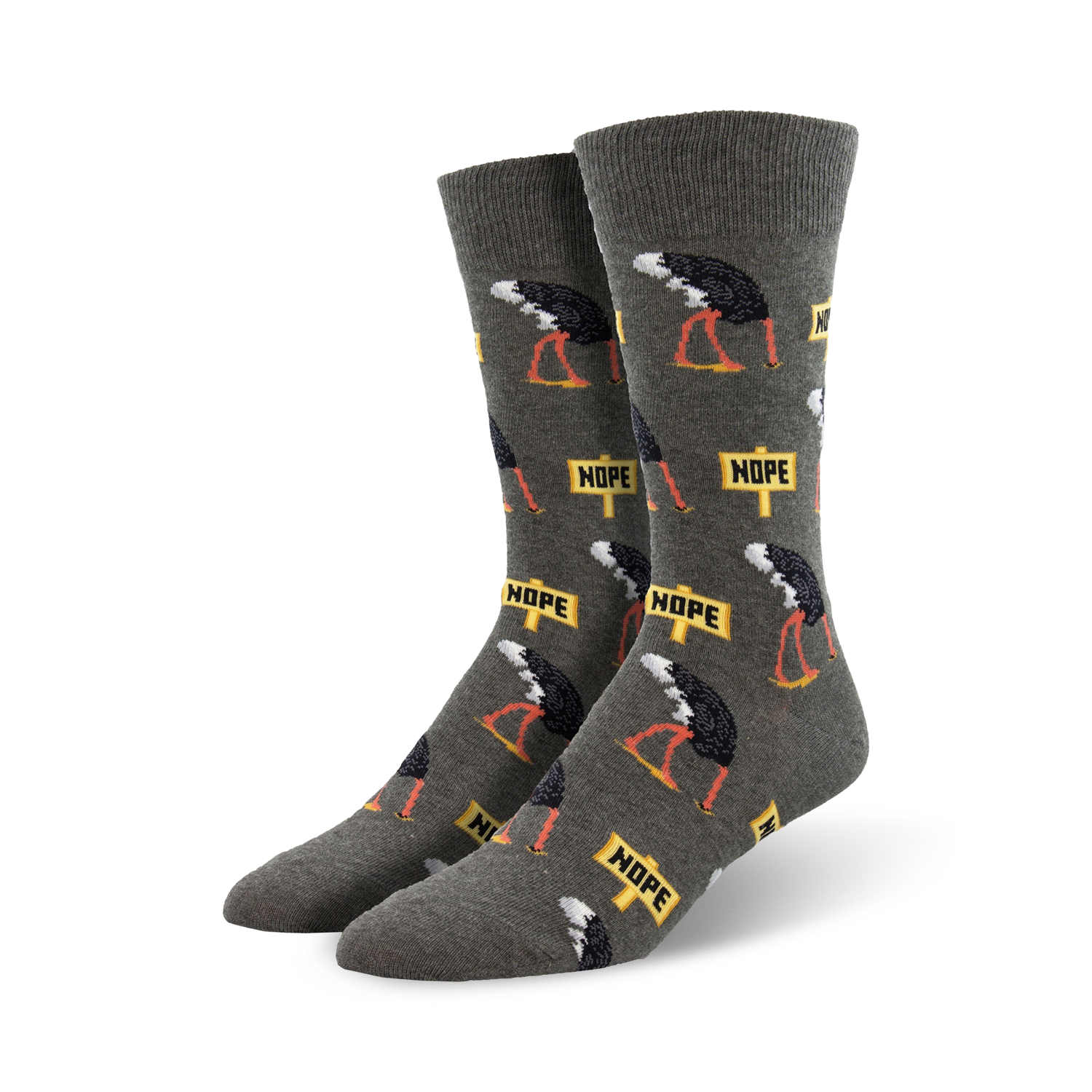 Close-up of a pair of gray 'Nope' socks showcasing the ostrich and 'Nope' sign design.