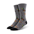 Gray crew socks with a repeating pattern of brown and green mallard ducks.  A fun, quirky design.