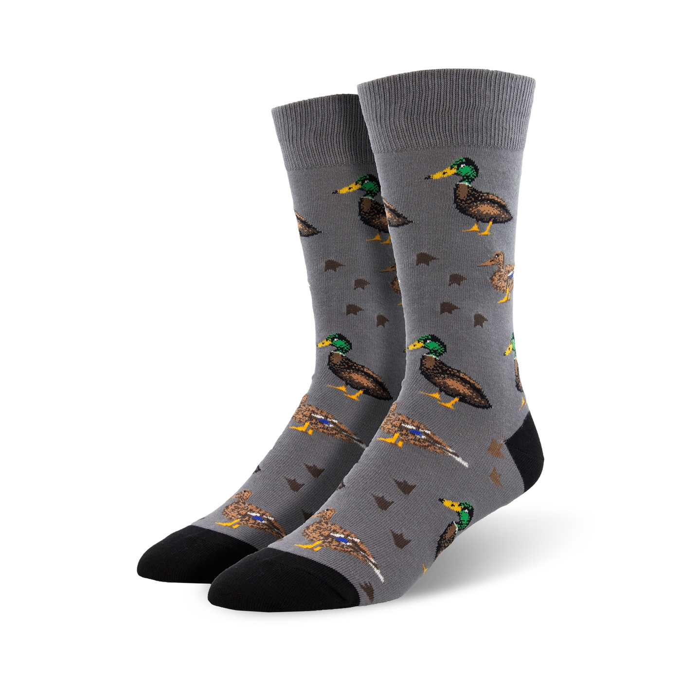 Gray crew socks with a repeating pattern of brown and green mallard ducks.  A fun, quirky design.