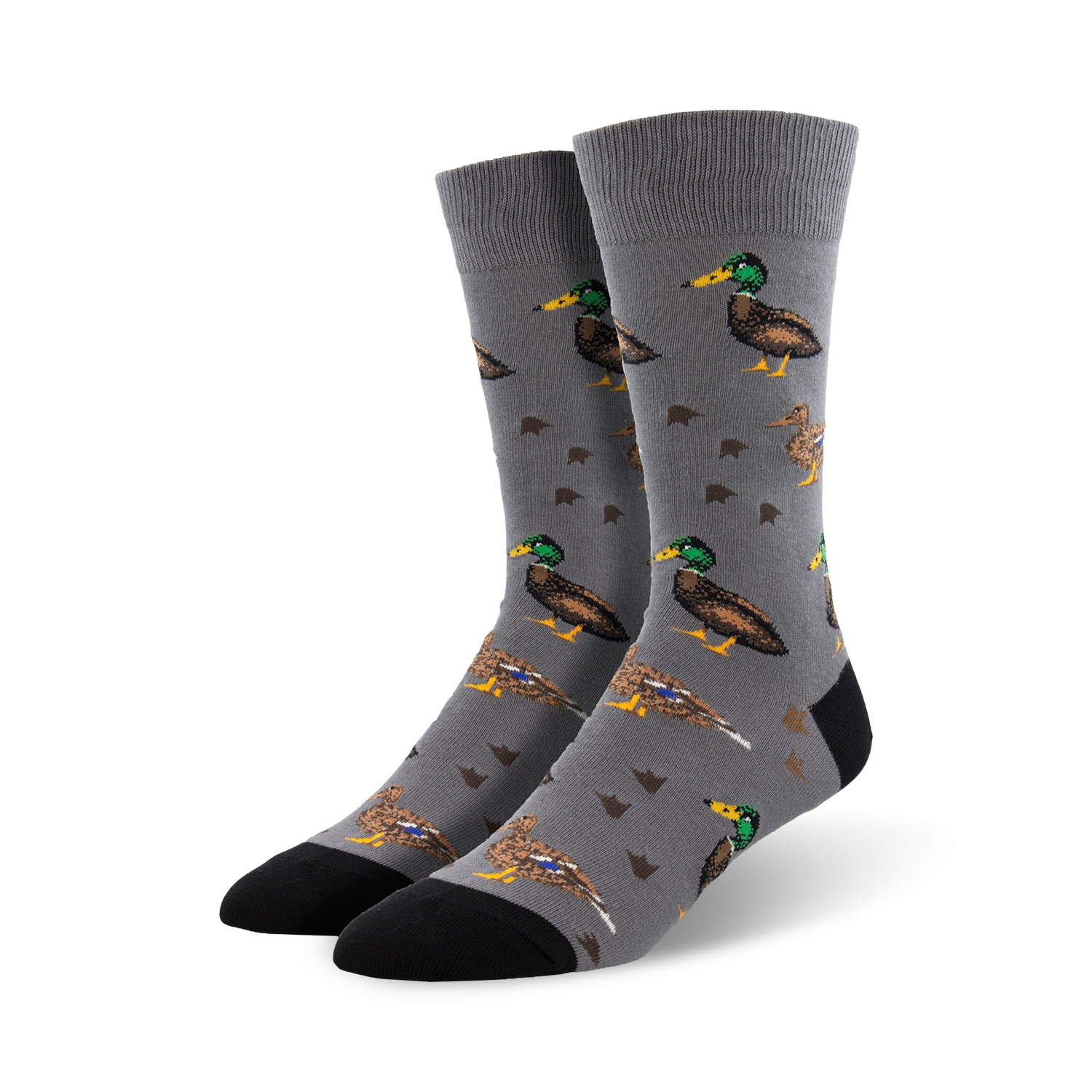 Gray crew socks with a repeating pattern of brown and green mallard ducks.  A fun, quirky design.