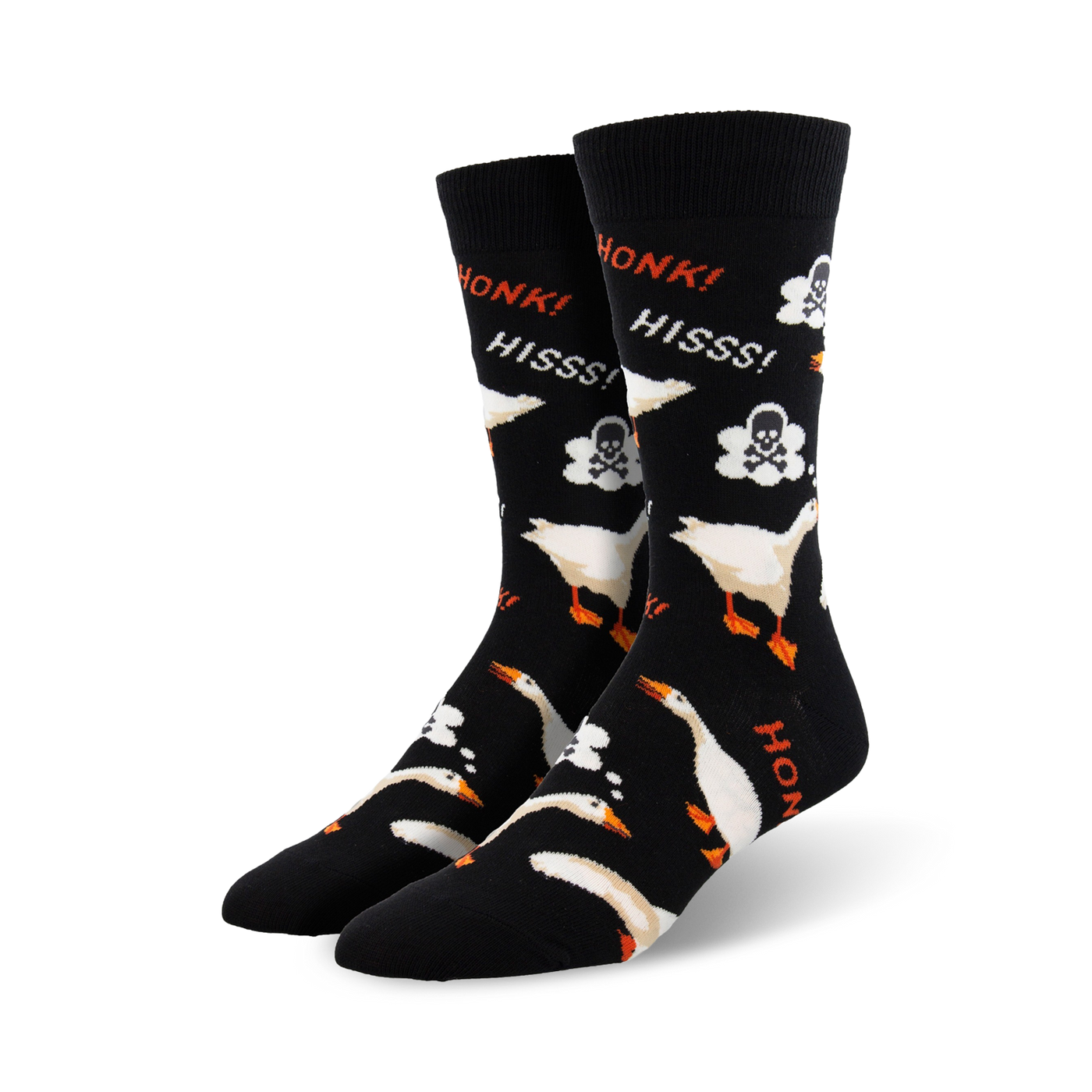 A pair of black crew socks with white geese, skulls, and the words "Honk!" and "Hiss!" in orange. 