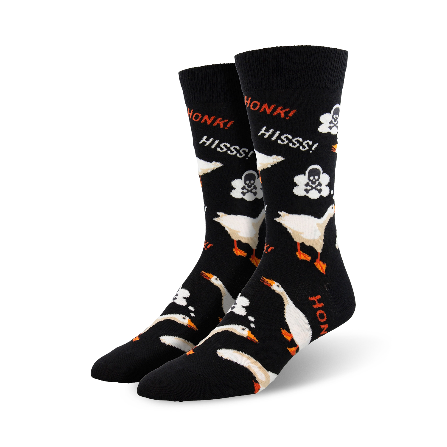 A pair of black crew socks with white geese, skulls, and the words "Honk!" and "Hiss!" in orange. 