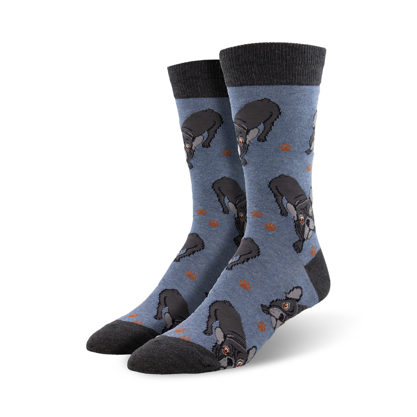 Pair of crew socks in blue with a pattern of black French Bulldogs and small brown paw prints. The socks have dark gray cuffs.