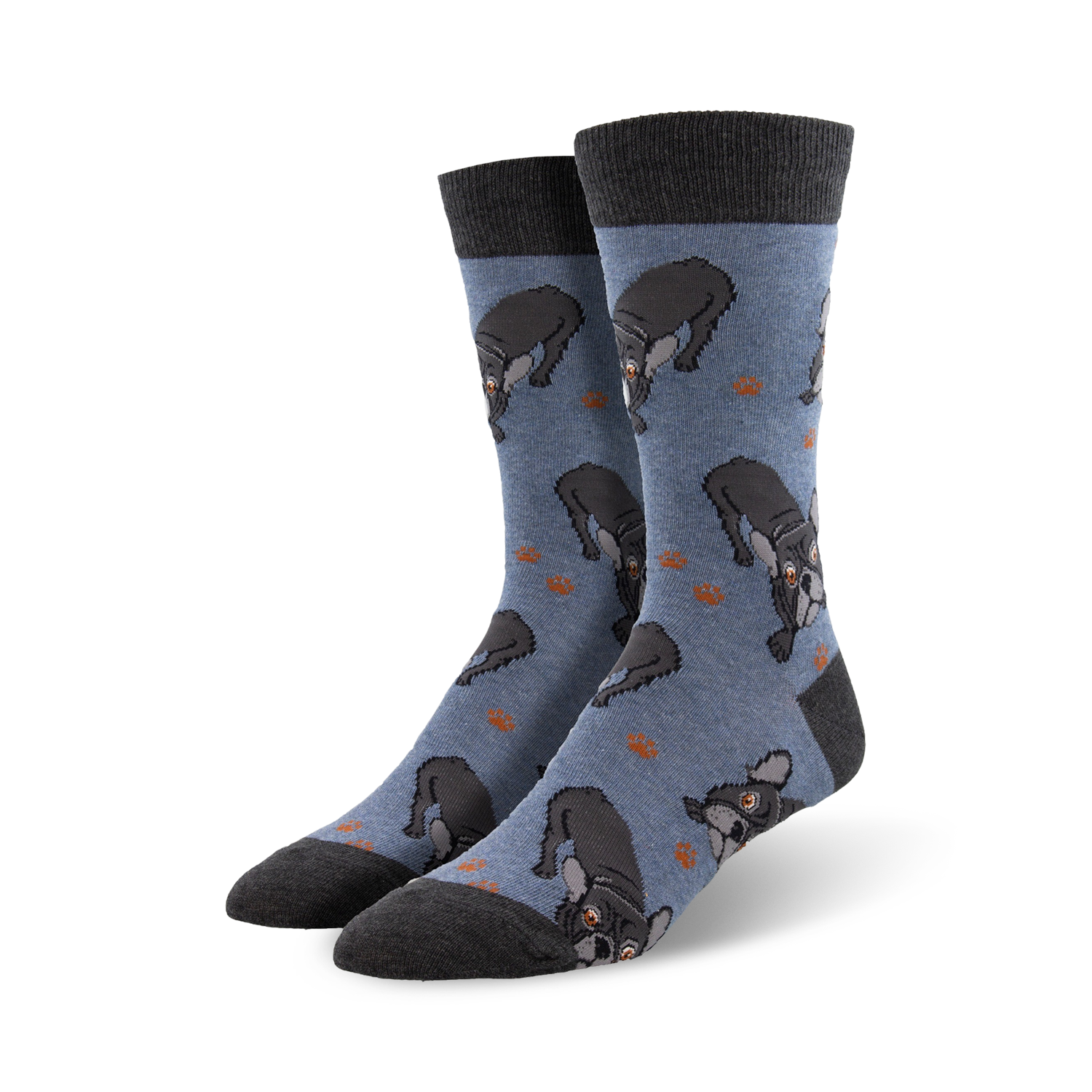 Pair of crew socks in blue with a pattern of black French Bulldogs and small brown paw prints. The socks have dark gray cuffs.