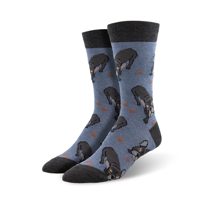 houndstooth pattern cartoon french bulldogs, gray top, blue background, crew socks, men   }}