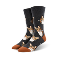 Crew socks in dark gray with a repeating pattern of orange tabby cats and the word 'boop'.  The socks have a burnt orange cuff.
