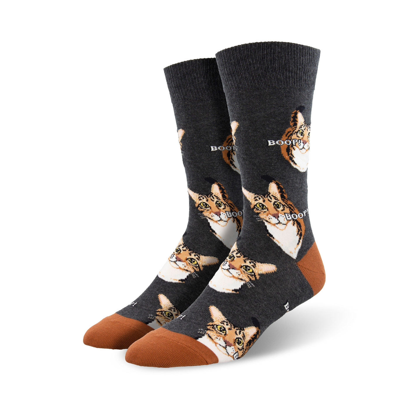 Crew socks in dark gray with a repeating pattern of orange tabby cats and the word 'boop'.  The socks have a burnt orange cuff.