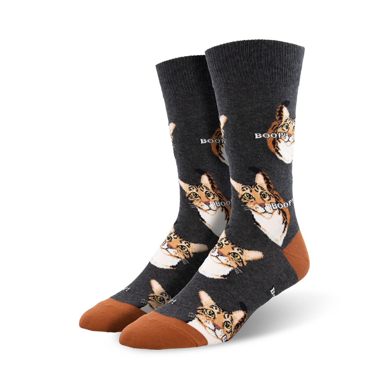 Crew socks in dark gray with a repeating pattern of orange tabby cats and the word 'boop'.  The socks have a burnt orange cuff.