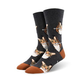 mens dark gray cotton crew socks decorated with a pattern of cartoon cats with tongue sticking out.   