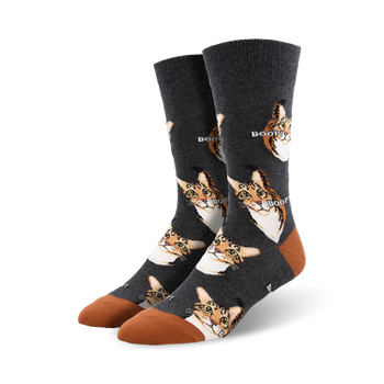mens dark gray cotton crew socks decorated with a pattern of cartoon cats with tongue sticking out.   