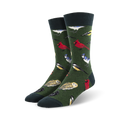 A pair of men's crew socks in deep green with colorful birds like cardinals, blue jays, owls, and more.