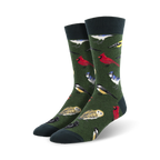 A pair of men's crew socks in deep green with colorful birds like cardinals, blue jays, owls, and more.