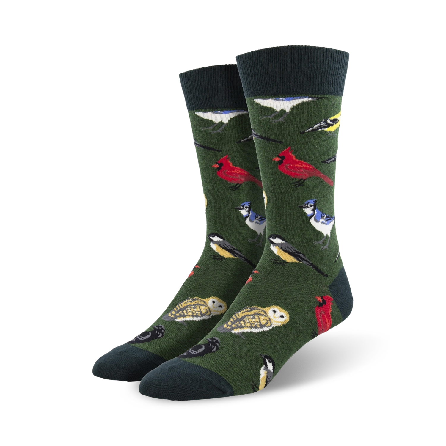 A pair of men's crew socks in deep green with colorful birds like cardinals, blue jays, owls, and more.