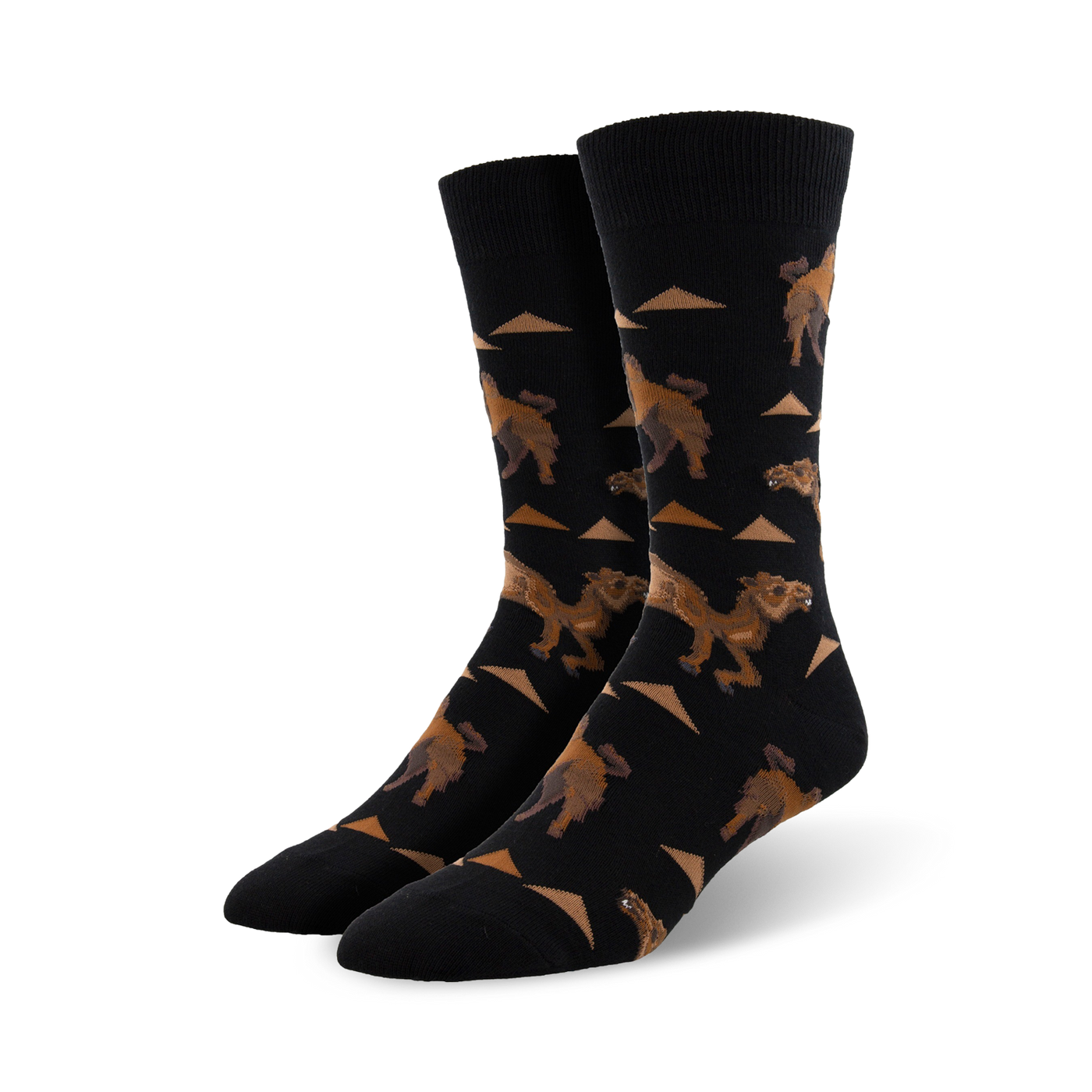 A pair of black crew socks with a repeating pattern of brown camels and tan triangles. Fun and quirky.