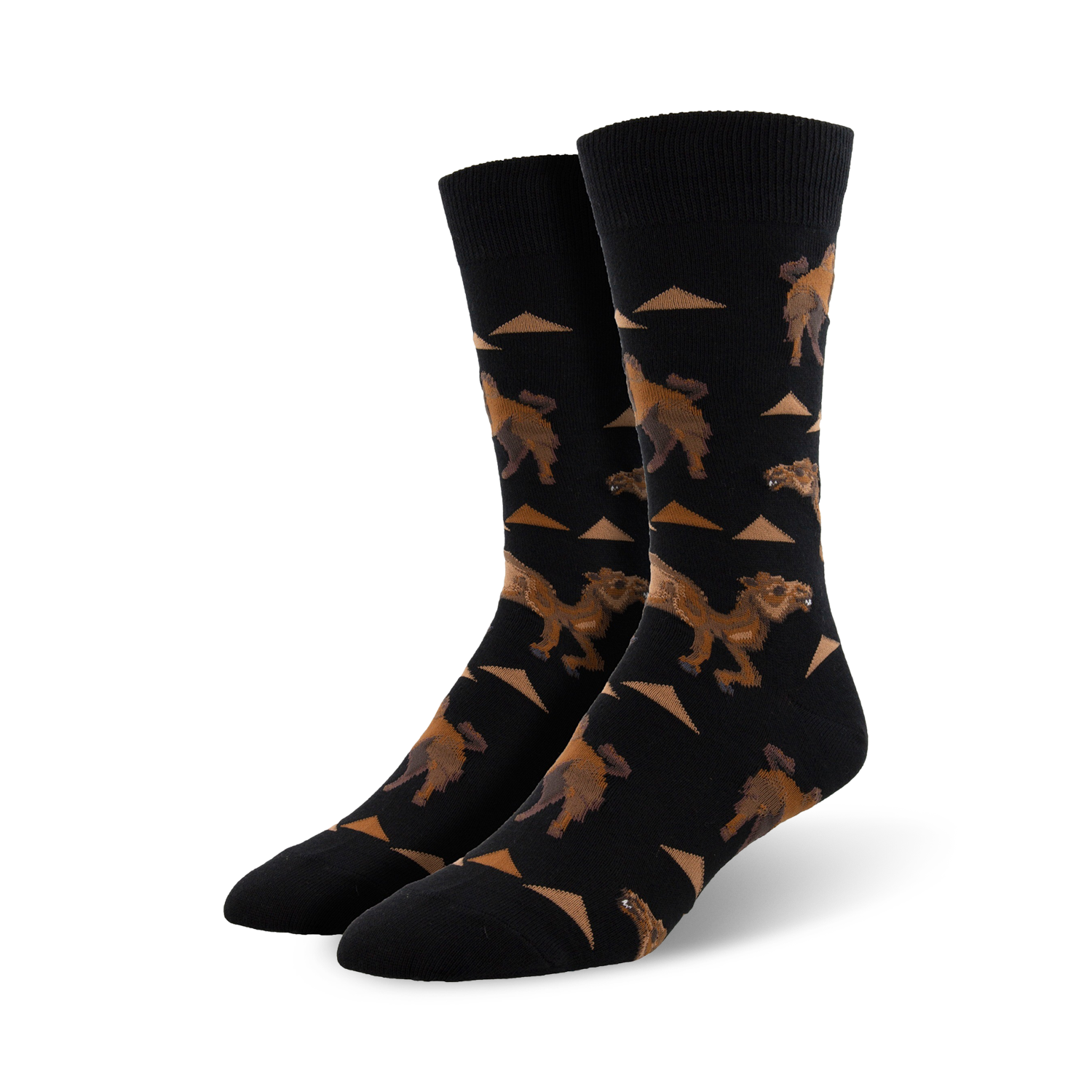 A pair of black crew socks with a repeating pattern of brown camels and tan triangles. Fun and quirky.