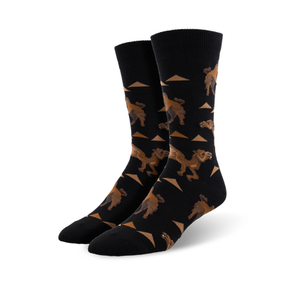 black crew socks with repeating brown camel pattern, perfect for camel enthusiasts.  