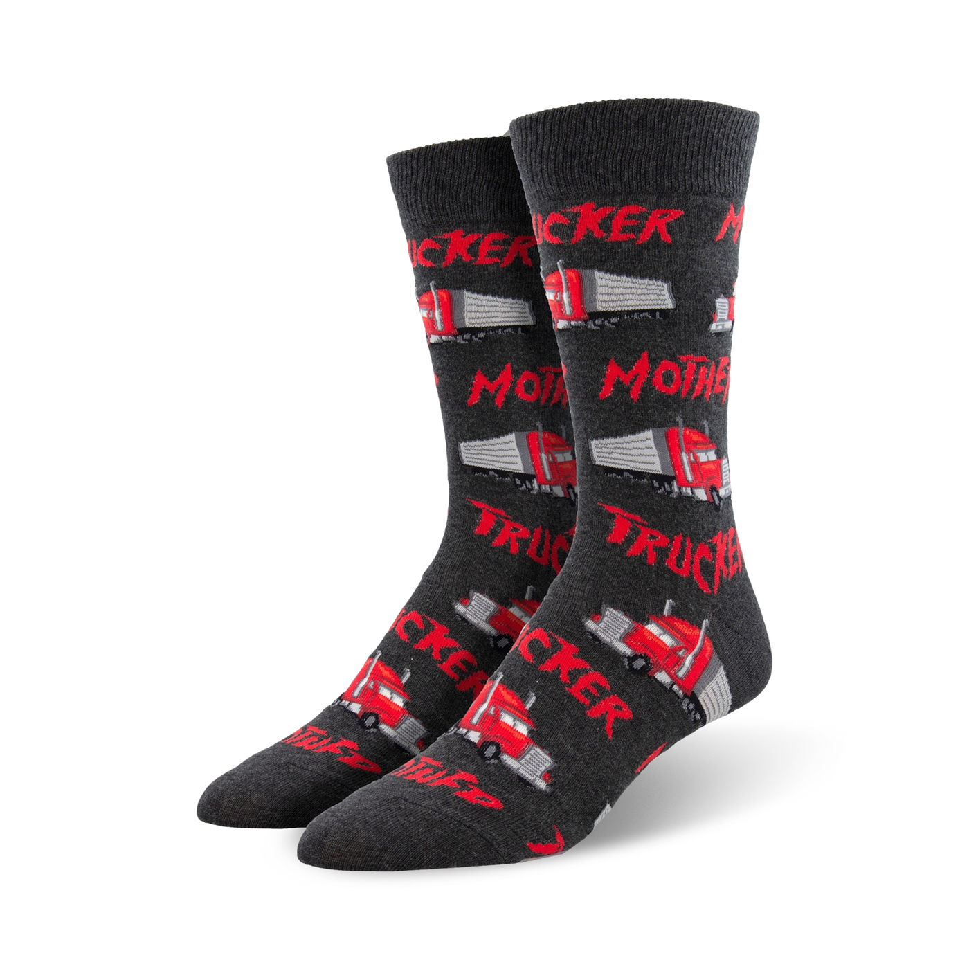 Pair of dark grey crew socks featuring red semi-trucks and the text 'Mother Trucker' repeated across the design.