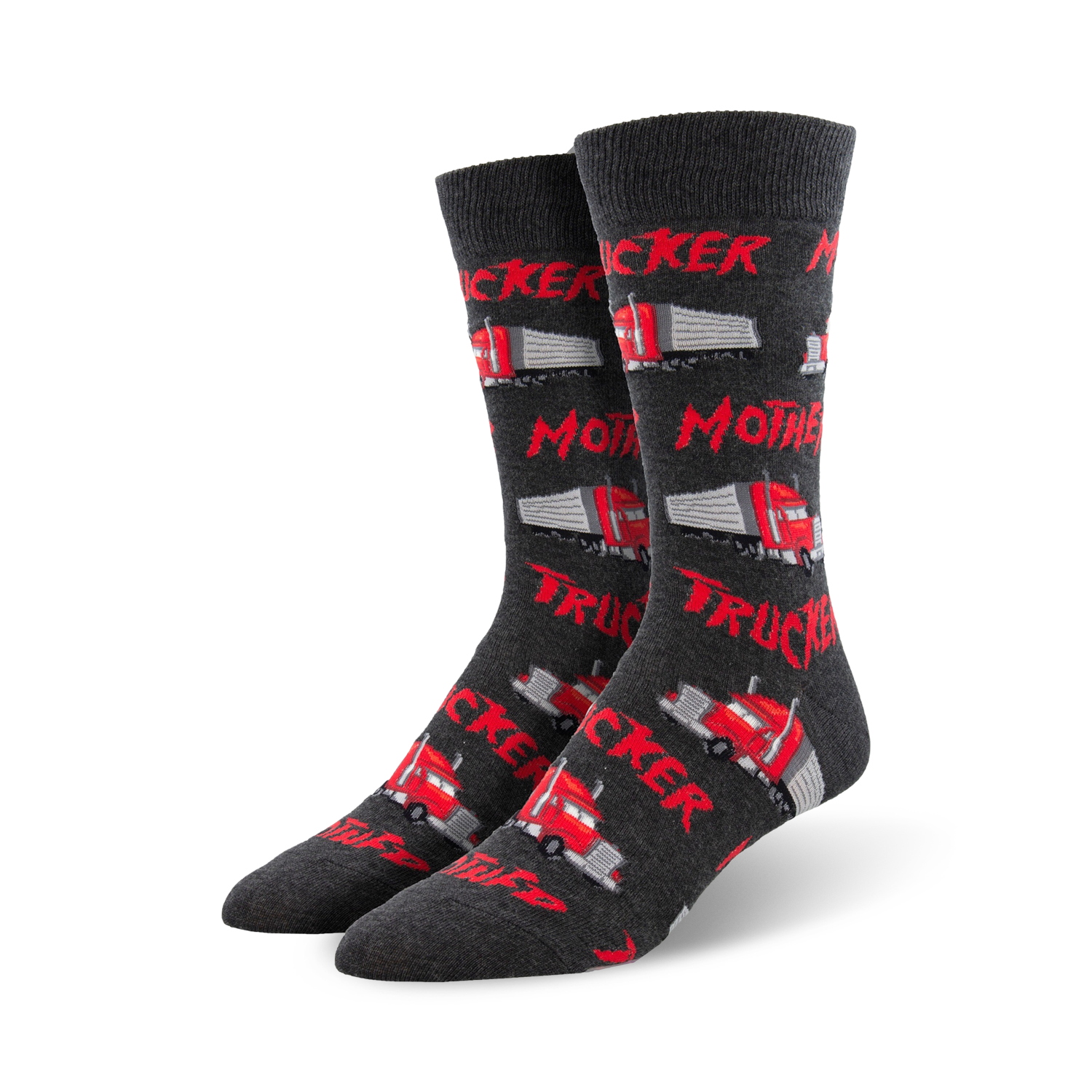 Pair of dark grey crew socks featuring red semi-trucks and the text 'Mother Trucker' repeated across the design.