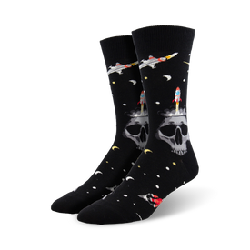mens' black "mind blown" crew socks featuring a pattern of skulls with rockets blasting from their heads, stars, planets, and spaceships.  