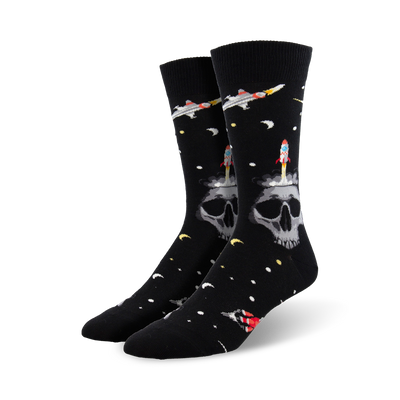 mens' black "mind blown" crew socks featuring a pattern of skulls with rockets blasting from their heads, stars, planets, and spaceships.  