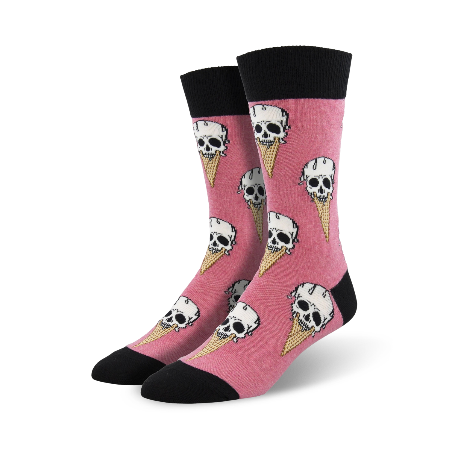 Pair of crew socks; pink and blue options, black cuffs; skulls melting into ice cream cones are printed all over.