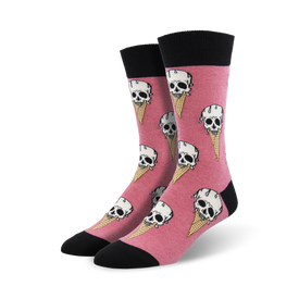 pink crew socks with an icy design of melting ice cream cones dripping down skull motifs. made for men. 