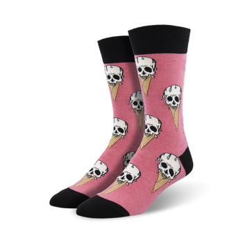 pink crew socks with an icy design of melting ice cream cones dripping down skull motifs. made for men. 