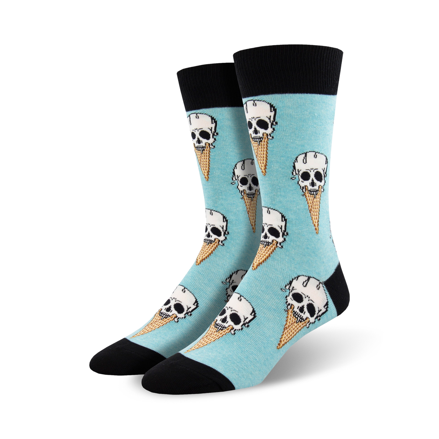Lifestyle shot of a person wearing the Brain Freeze socks.  They're shown from the knees down, highlighting the vibrant sock colors and design.