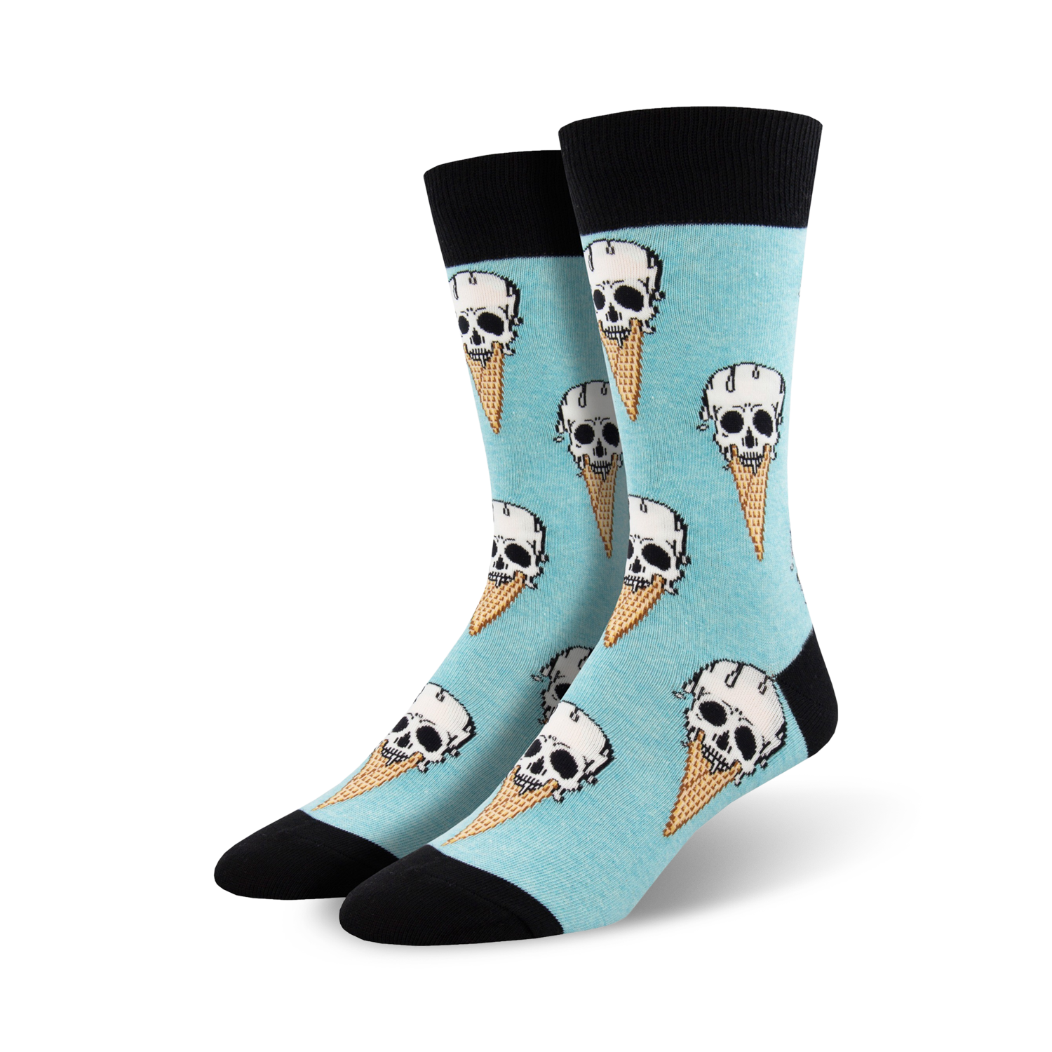 Lifestyle shot of a person wearing the Brain Freeze socks.  They're shown from the knees down, highlighting the vibrant sock colors and design.